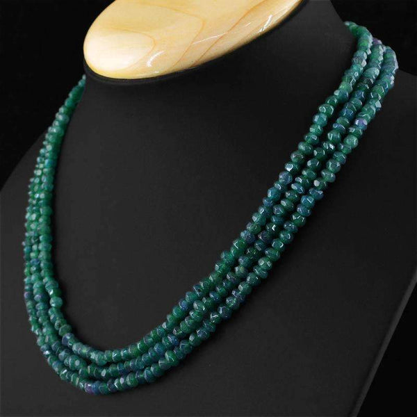 gemsmore:3 Line Untreated Green Emerald Necklace Natural Faceted Beads