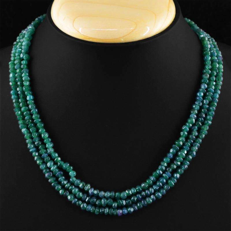 gemsmore:3 Line Untreated Green Emerald Necklace Natural Faceted Beads