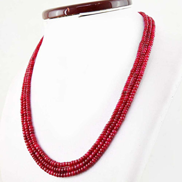 gemsmore:3 Line Untreated Ruby Necklace Natural Round Shape Beads