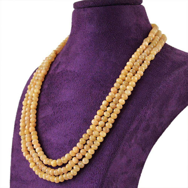 gemsmore:3 Line Yellow Aventurine Necklace Natural Untreated Round Beads