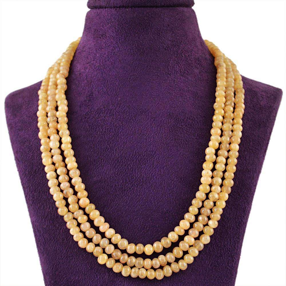 gemsmore:3 Line Yellow Aventurine Necklace Natural Untreated Round Beads