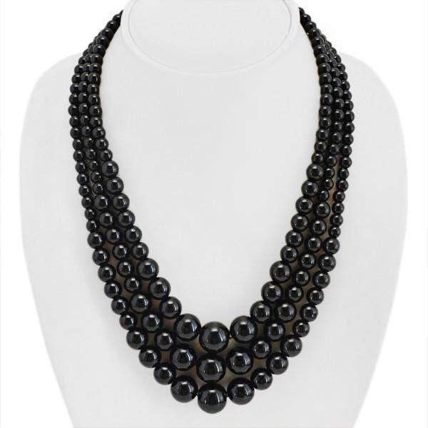 gemsmore:3 Strand Black Spinel Necklace Natural Round Shape Beads