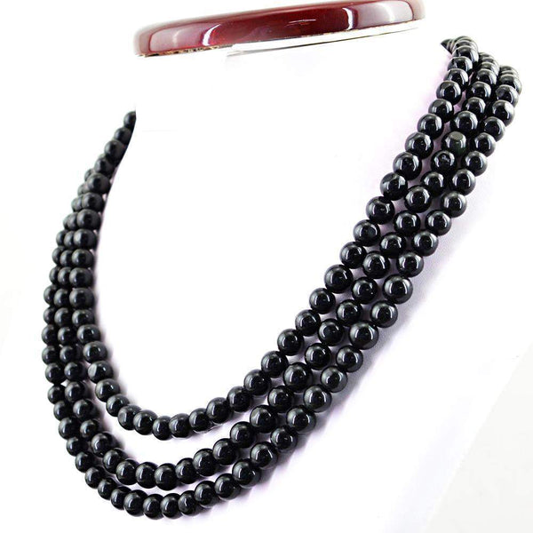 gemsmore:3 Strand Black Spinel Necklace Natural Round Shape Beads