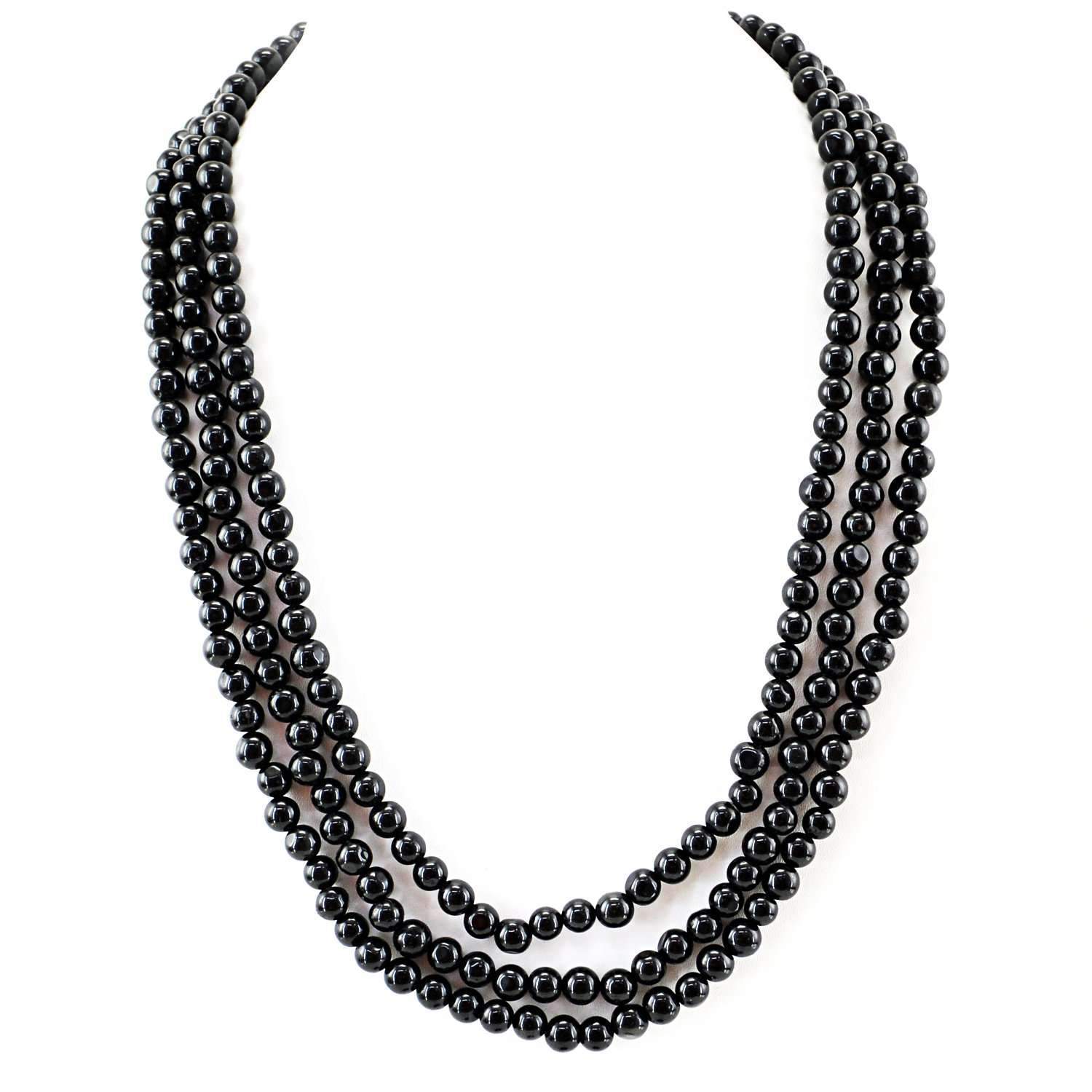 gemsmore:3 Strand Black Spinel Necklace Natural Round Shape Beads