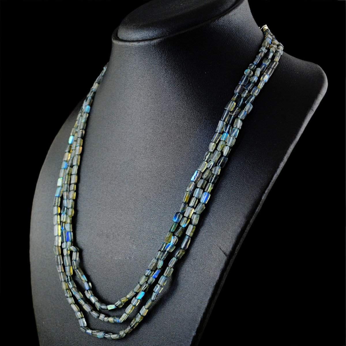 gemsmore:3 Strand Blue Flash Labradorite Necklace Natural Untreated Beads