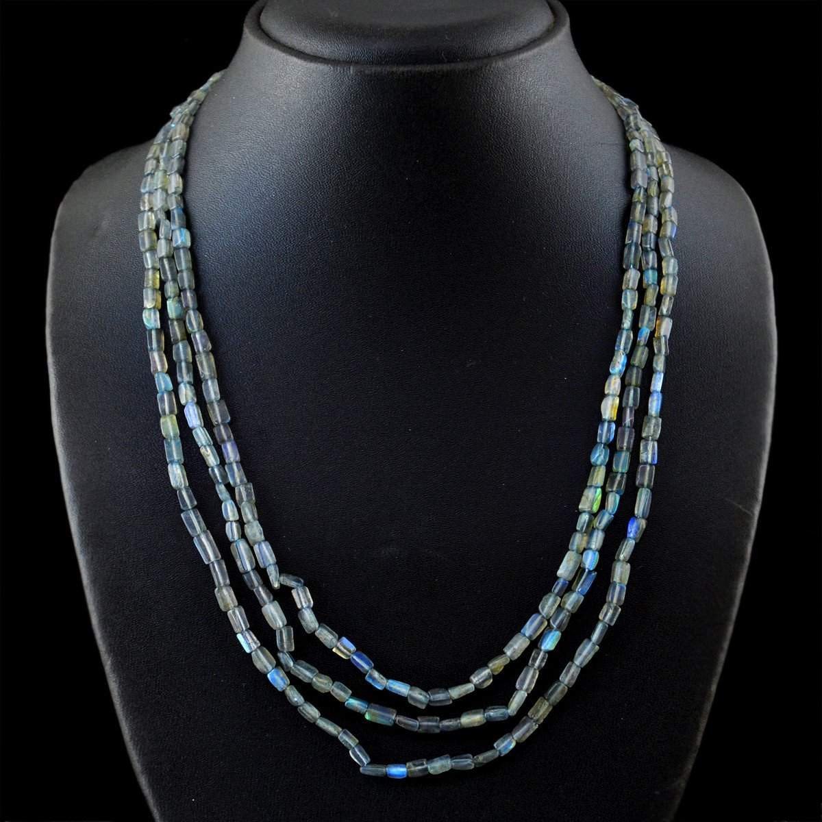 gemsmore:3 Strand Blue Flash Labradorite Necklace Natural Untreated Beads