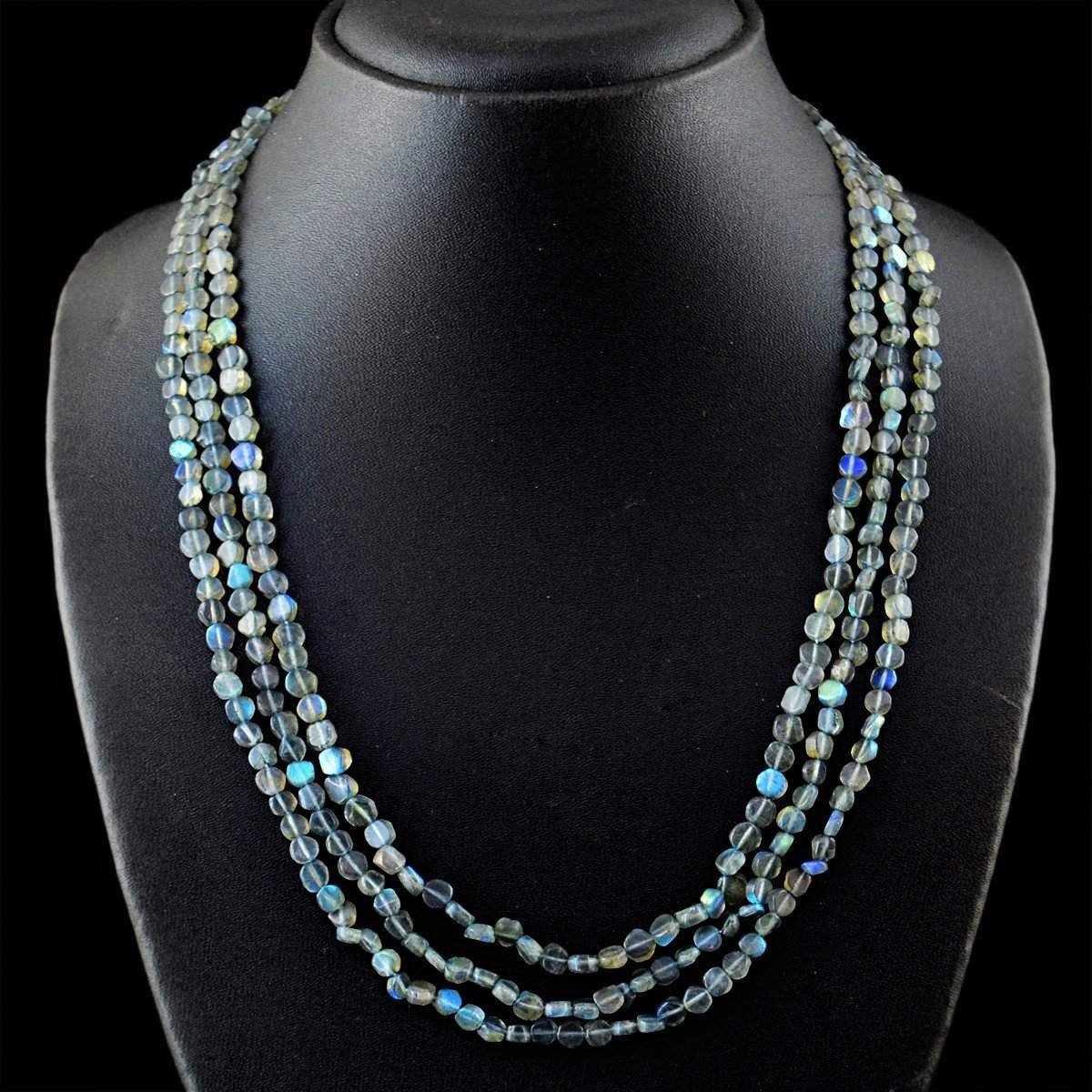 gemsmore:3 Strand Blue Flash Labradorite Necklace Natural Untreated Round Beads