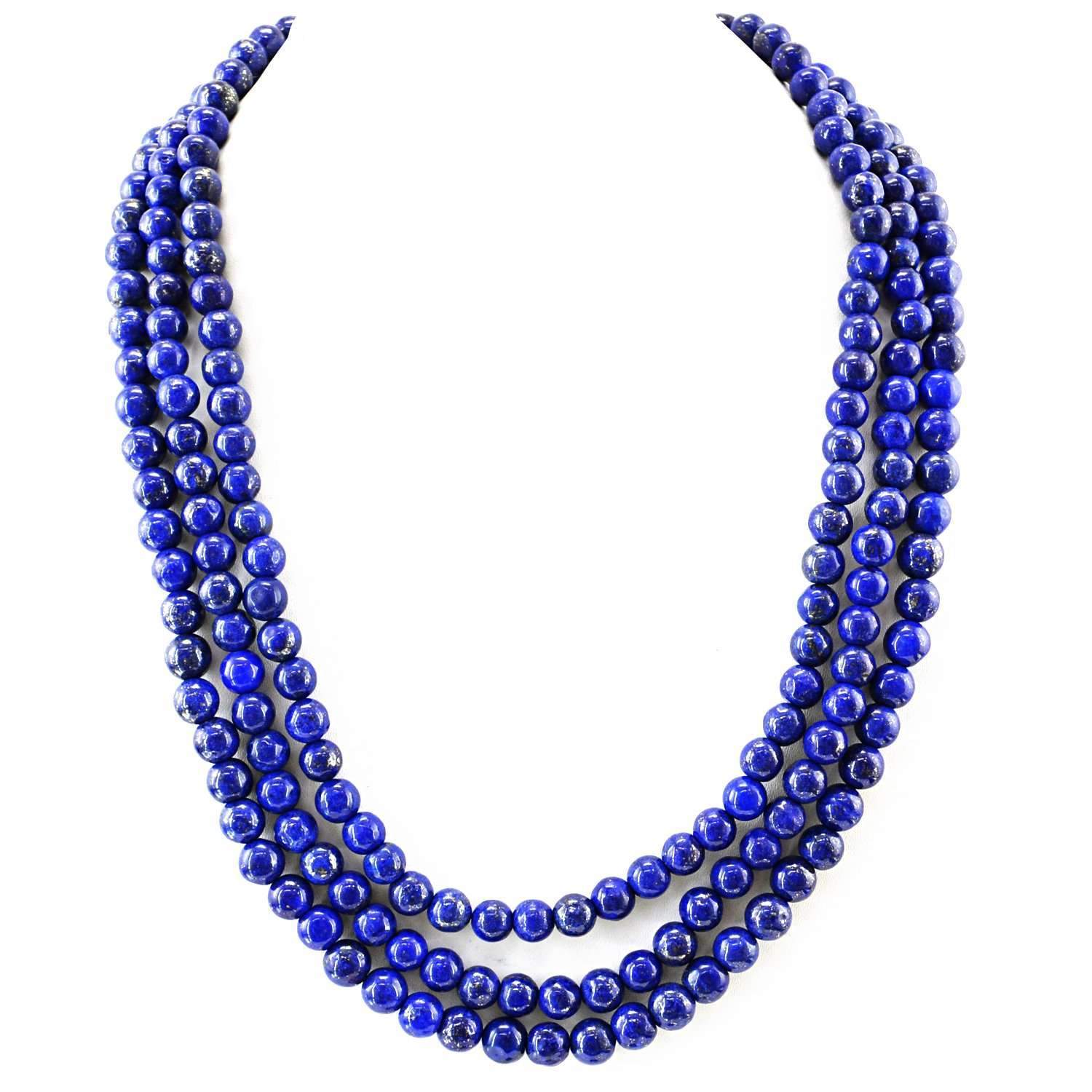 gemsmore:3 Strand Blue Lapis Lazuli Necklace Natural Round Shape Beads