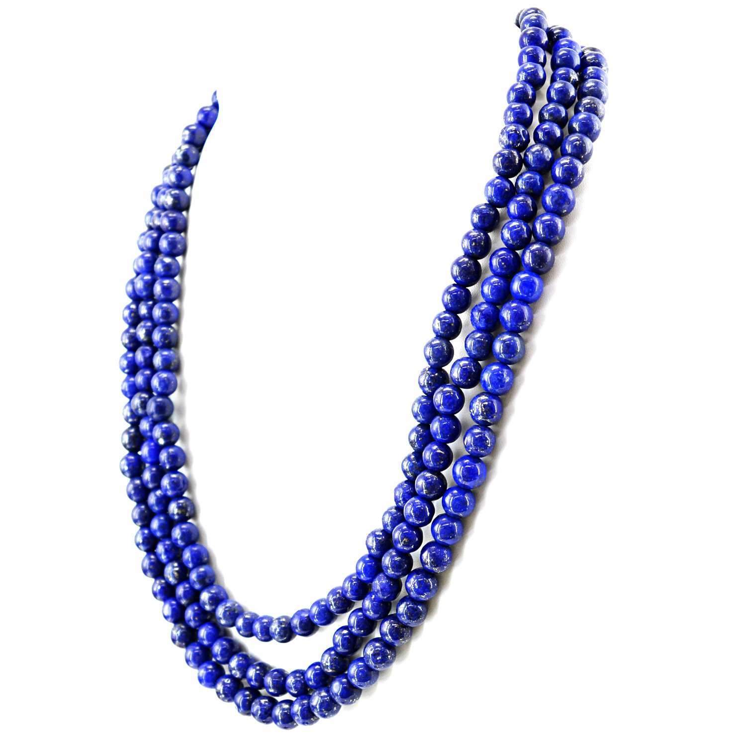 gemsmore:3 Strand Blue Lapis Lazuli Necklace Natural Round Shape Beads