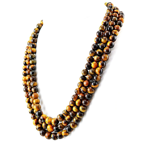 gemsmore:3 Strand Golden Tiger Eye Necklace Natural Untreated Round Shape Beads