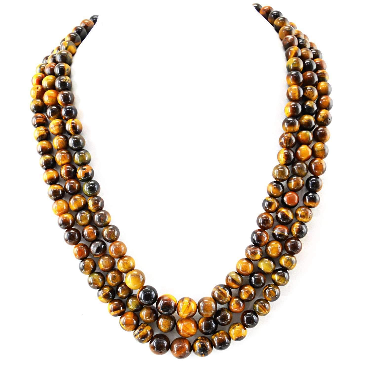 gemsmore:3 Strand Golden Tiger Eye Necklace Natural Untreated Round Shape Beads