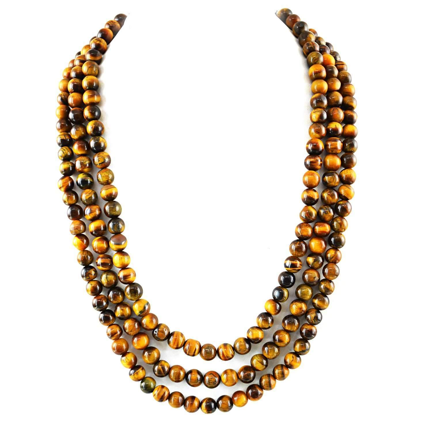 gemsmore:3 Strand Golden Tiger Eye Round Beads Necklace