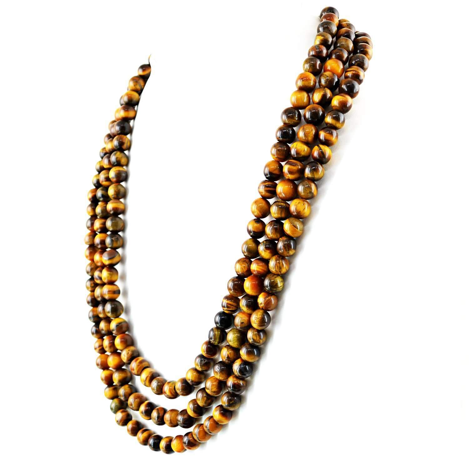 gemsmore:3 Strand Golden Tiger Eye Round Beads Necklace