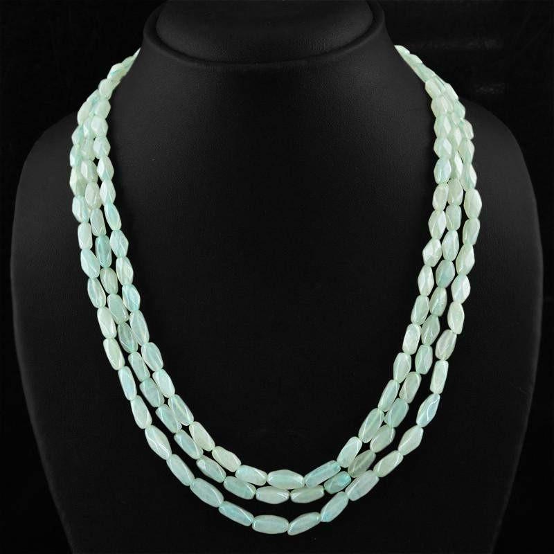 gemsmore:3 Strand Green Aquamarine Necklace Natural Faceted Beads