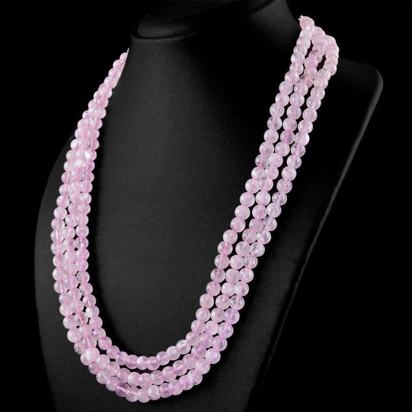 gemsmore:3 Strand Natural Pink Rose Quartz Necklace Round Shape Beads