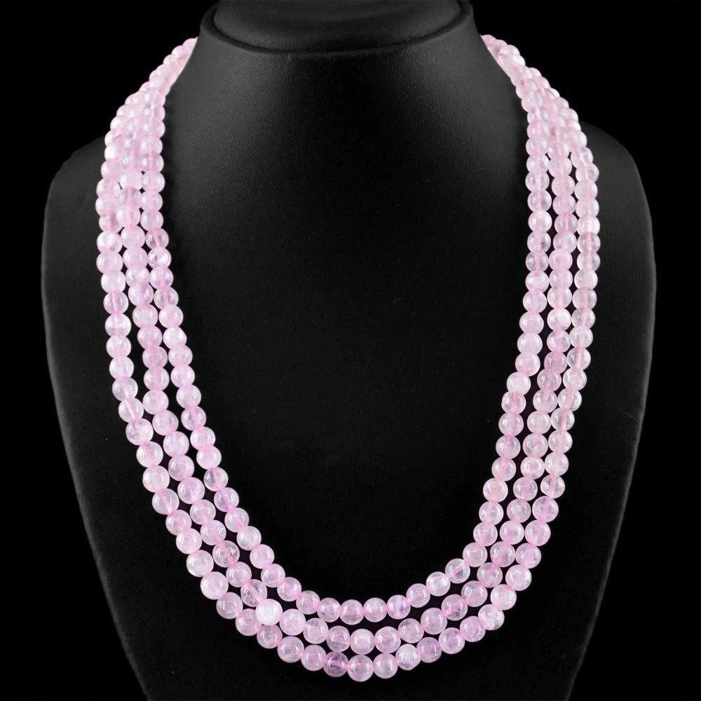 gemsmore:3 Strand Natural Pink Rose Quartz Necklace Round Shape Beads