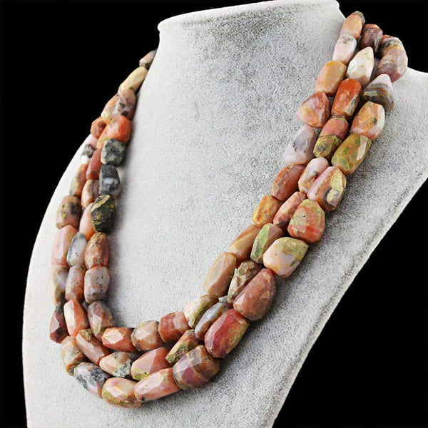 gemsmore:3 Strand Pink Australian Opal Necklace Natural Faceted Beads