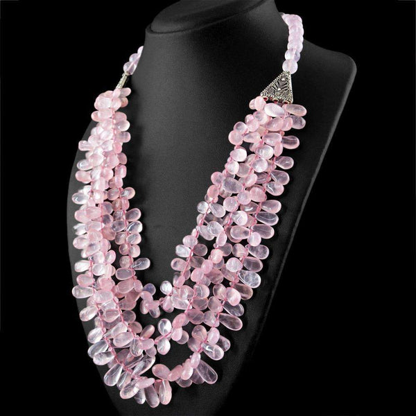 gemsmore:3 Strand Pink Rose Quartz Necklace Natural Pear Shape Beads