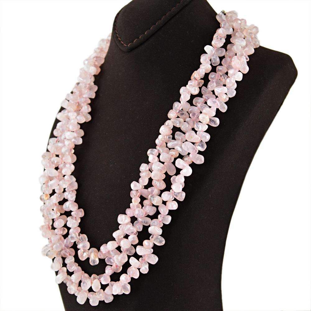 gemsmore:3 Strand Pink Rose Quartz Necklace Natural Untreated Tear Drop Beads