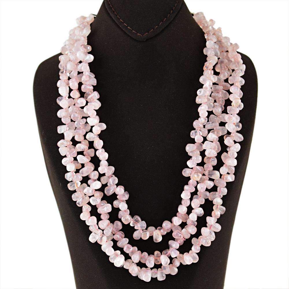 gemsmore:3 Strand Pink Rose Quartz Necklace Natural Untreated Tear Drop Beads