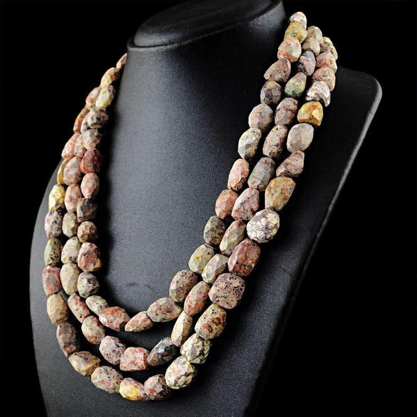 gemsmore:3 Strand Poppy Jasper Necklace Natural Faceted Unheated Beads