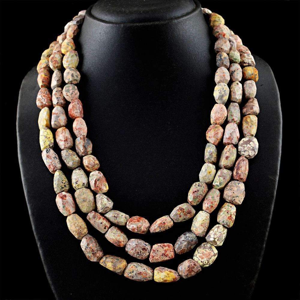 gemsmore:3 Strand Poppy Jasper Necklace Natural Faceted Unheated Beads