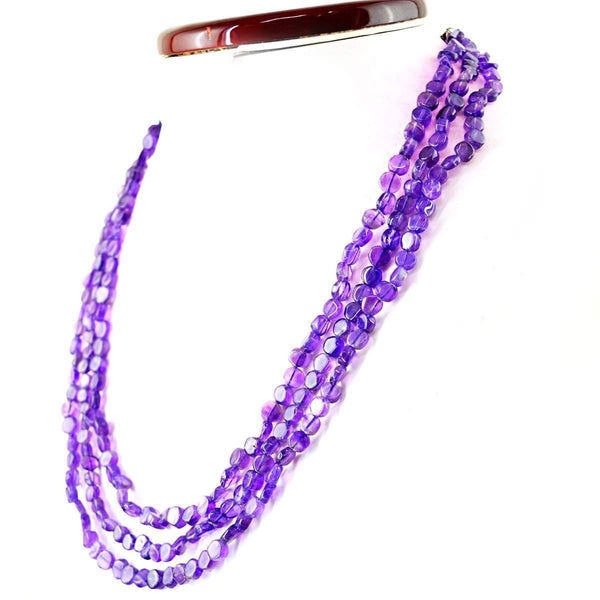 gemsmore:3 Strand Purple Amethyst Necklace Natural Round Shape Untreated Beads