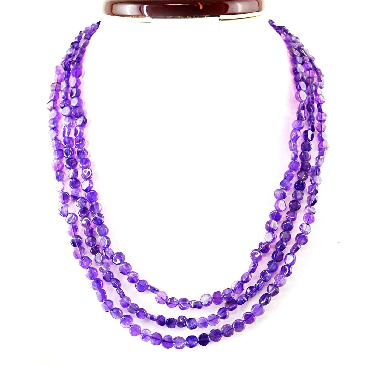gemsmore:3 Strand Purple Amethyst Necklace Natural Round Shape Untreated Beads