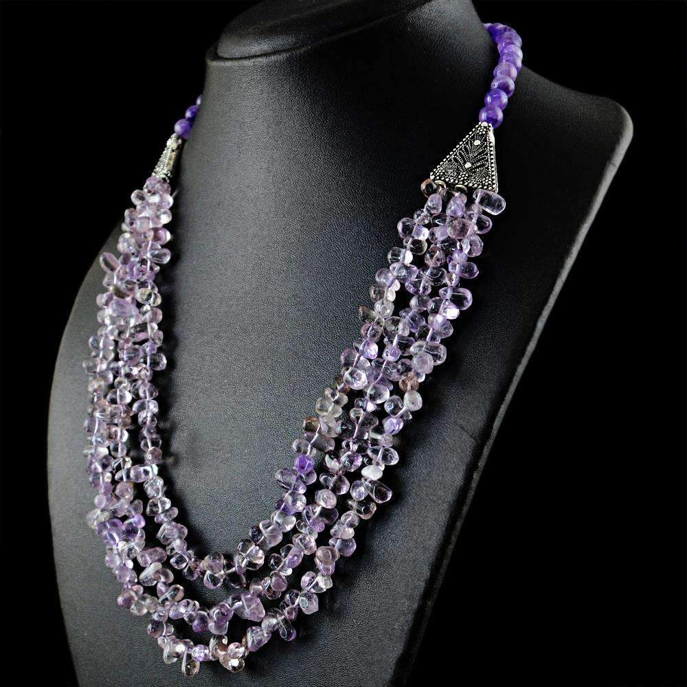 gemsmore:3 Strand Purple Amethyst Necklace Natural Untreated Beads