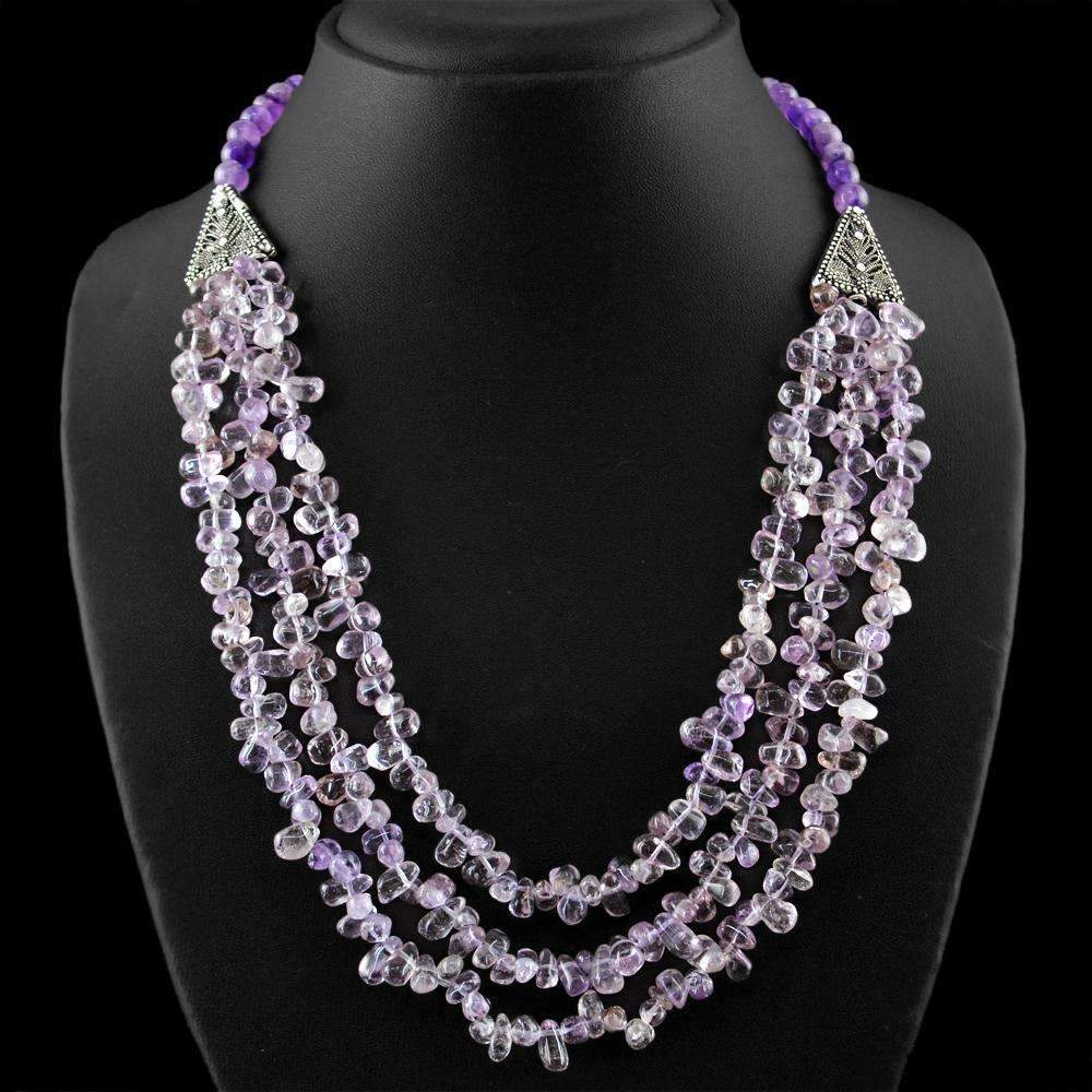 gemsmore:3 Strand Purple Amethyst Necklace Natural Untreated Beads