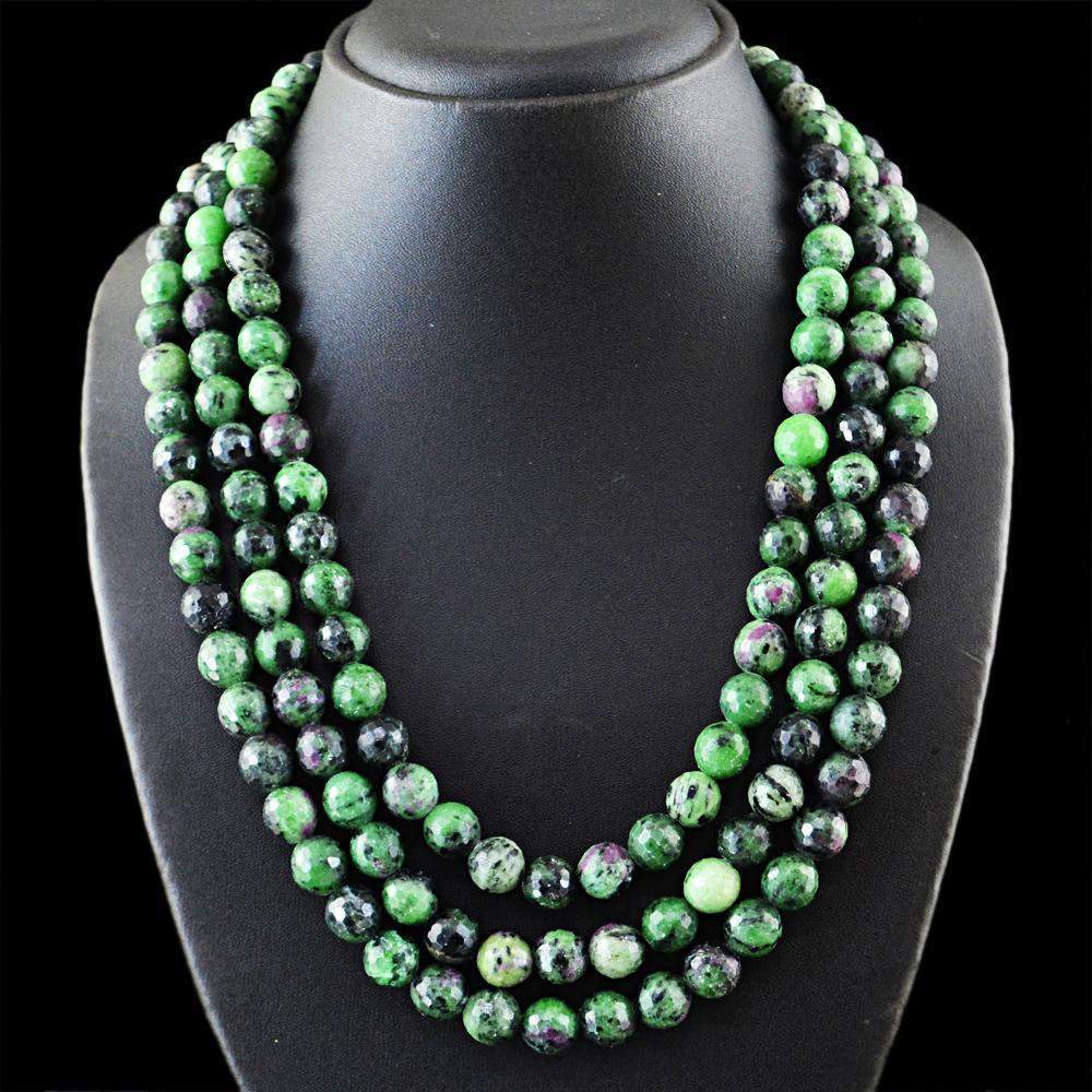gemsmore:3 Strand Ruby Ziosite Necklace Untreated Round Cut Beads