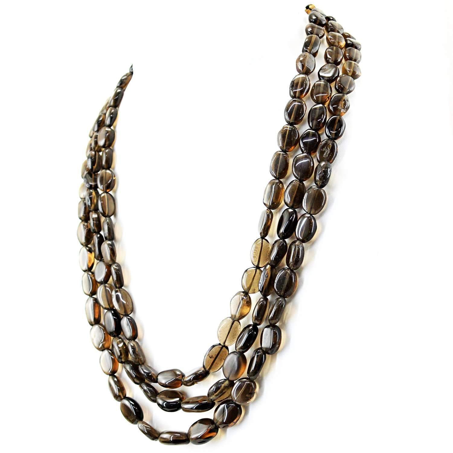 gemsmore:3 Strand Smoky Quartz Necklace Natural Oval Shape Beads
