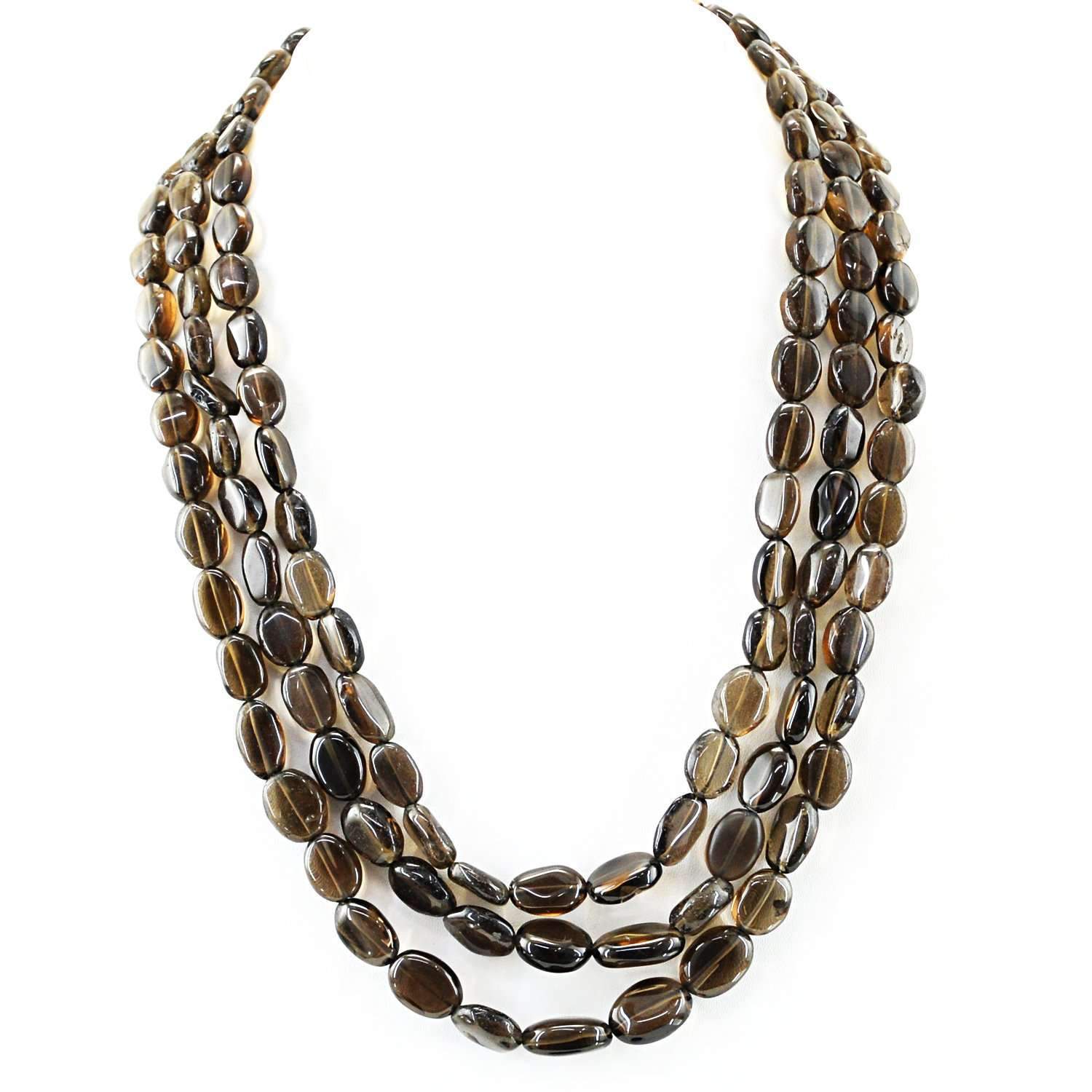 gemsmore:3 Strand Smoky Quartz Necklace Natural Oval Shape Beads