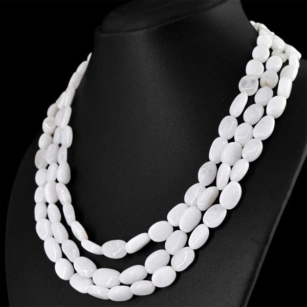 gemsmore:3 Strand White Agate Necklace Natural Oval Shape Beads