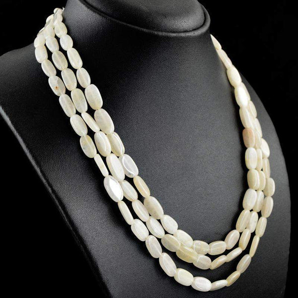 gemsmore:3 Strand White Agate Necklace Natural Oval Shape Beads