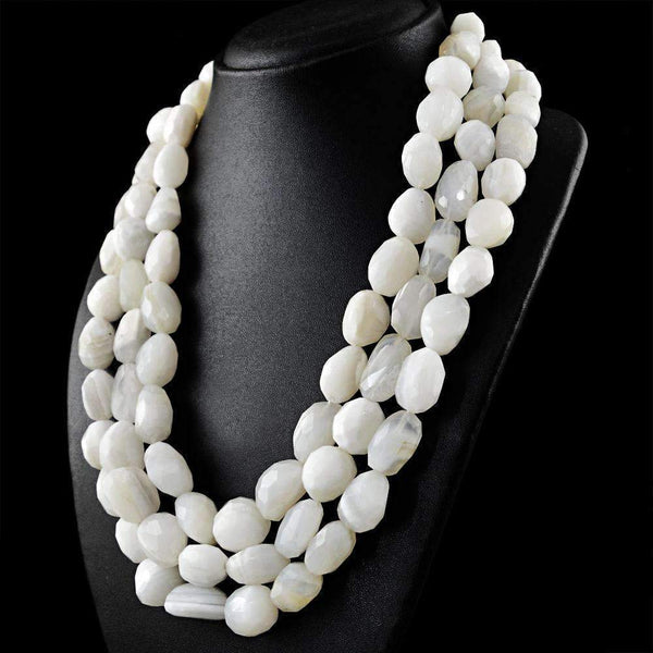 gemsmore:3 Strand White Agate Necklace Natural Untreated Faceted Beads
