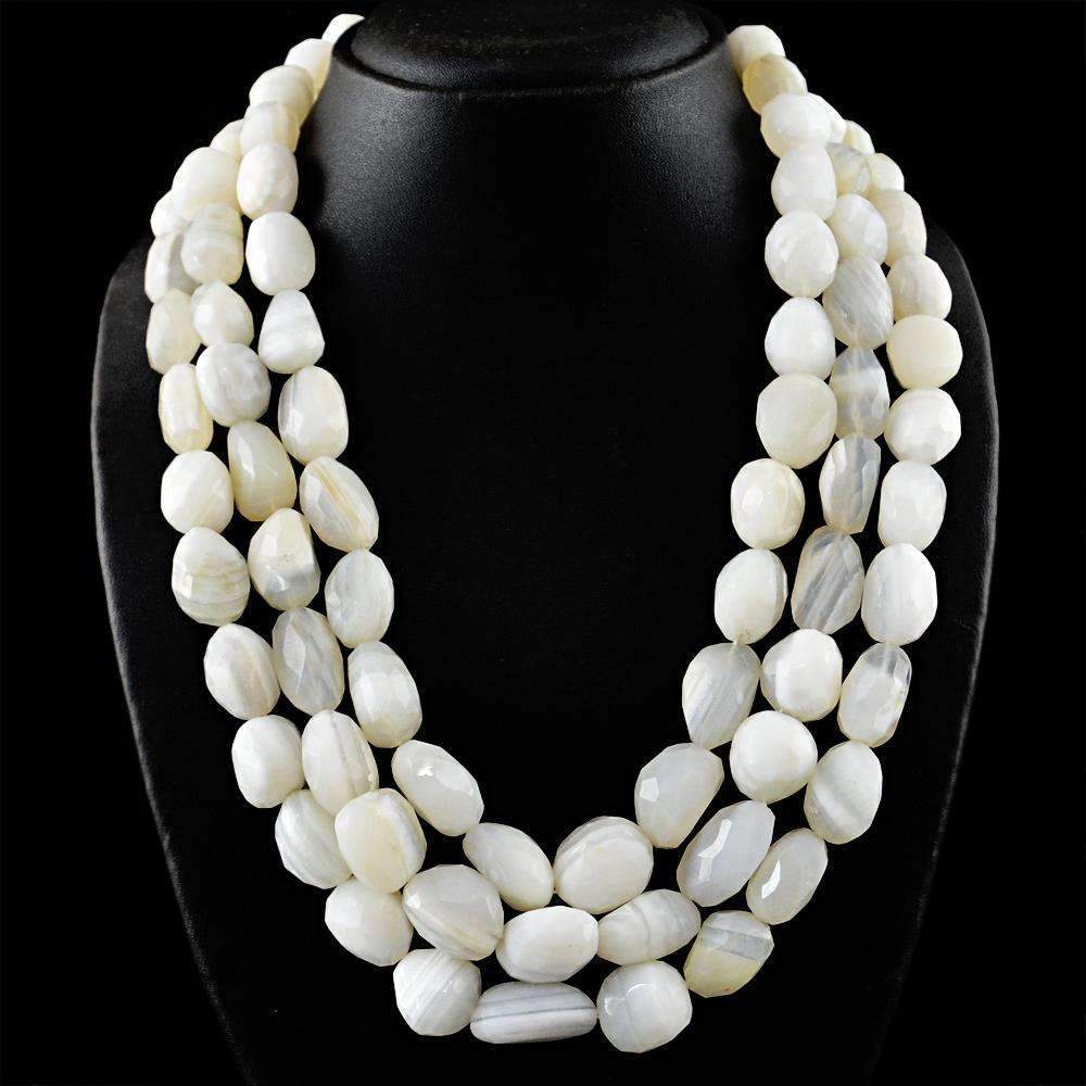 gemsmore:3 Strand White Agate Necklace Natural Untreated Faceted Beads