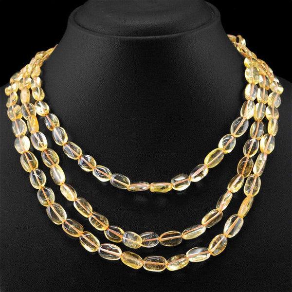 gemsmore:3 Strand Yellow Citrine Necklace Natural Oval Shape Beads