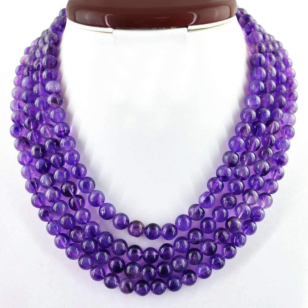 gemsmore:4 Line Purple Amethyst Necklace Natural Round Shape Untreated Beads