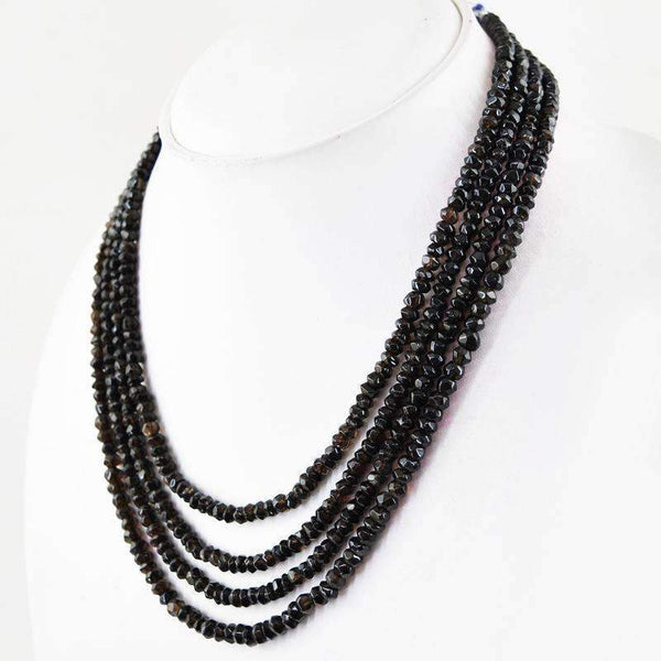 gemsmore:4 Line Smoky Quartz Necklace Natural Untreated Round Cut Beads