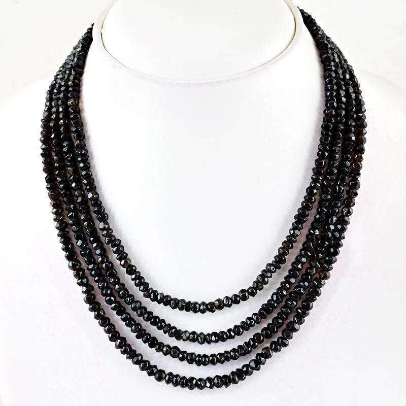 gemsmore:4 Line Smoky Quartz Necklace Natural Untreated Round Cut Beads