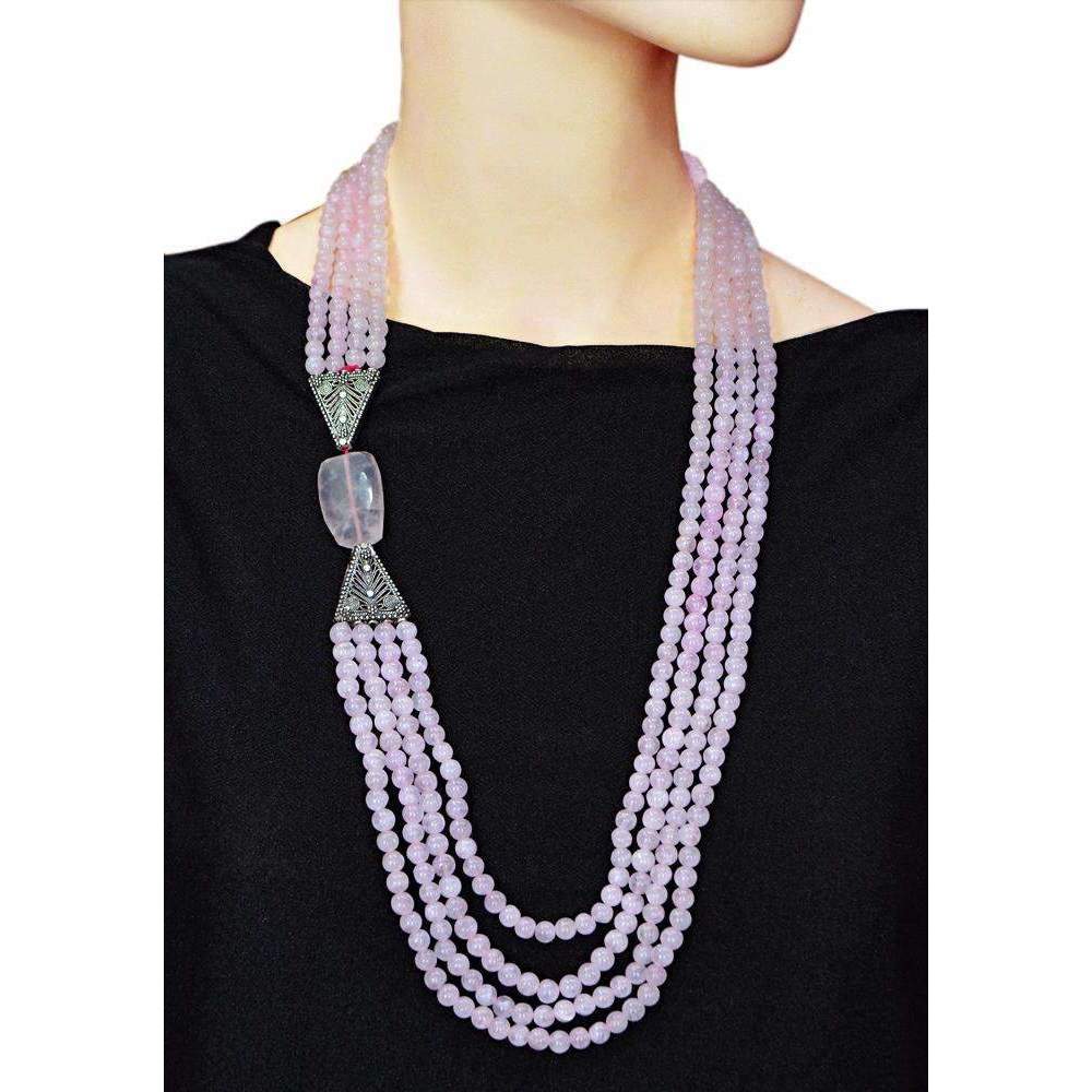 gemsmore:4 Strand Pink Rose Quartz Necklace - Natural Round Shape Beads