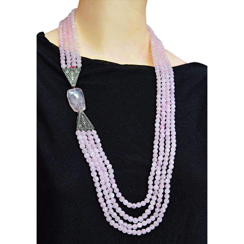 gemsmore:4 Strand Pink Rose Quartz Necklace - Natural Round Shape Beads