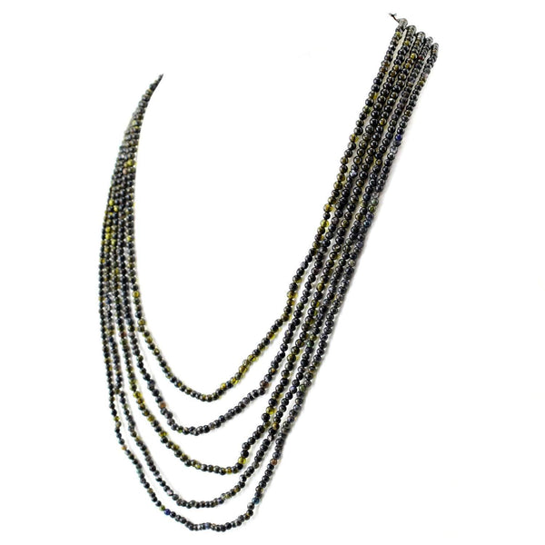 gemsmore:5 Line Black Obsidian Necklace Natural Round Shape Untreated Beads