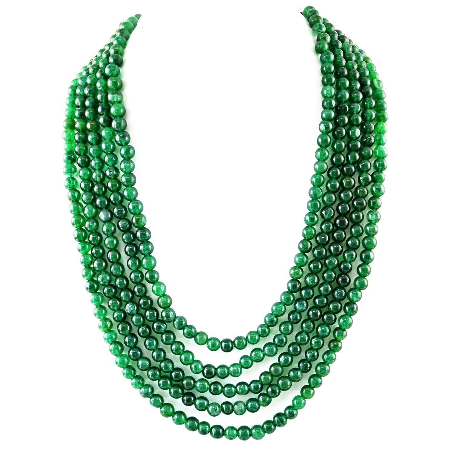 gemsmore:5 Line Green Jade Necklace Natural Round Beads