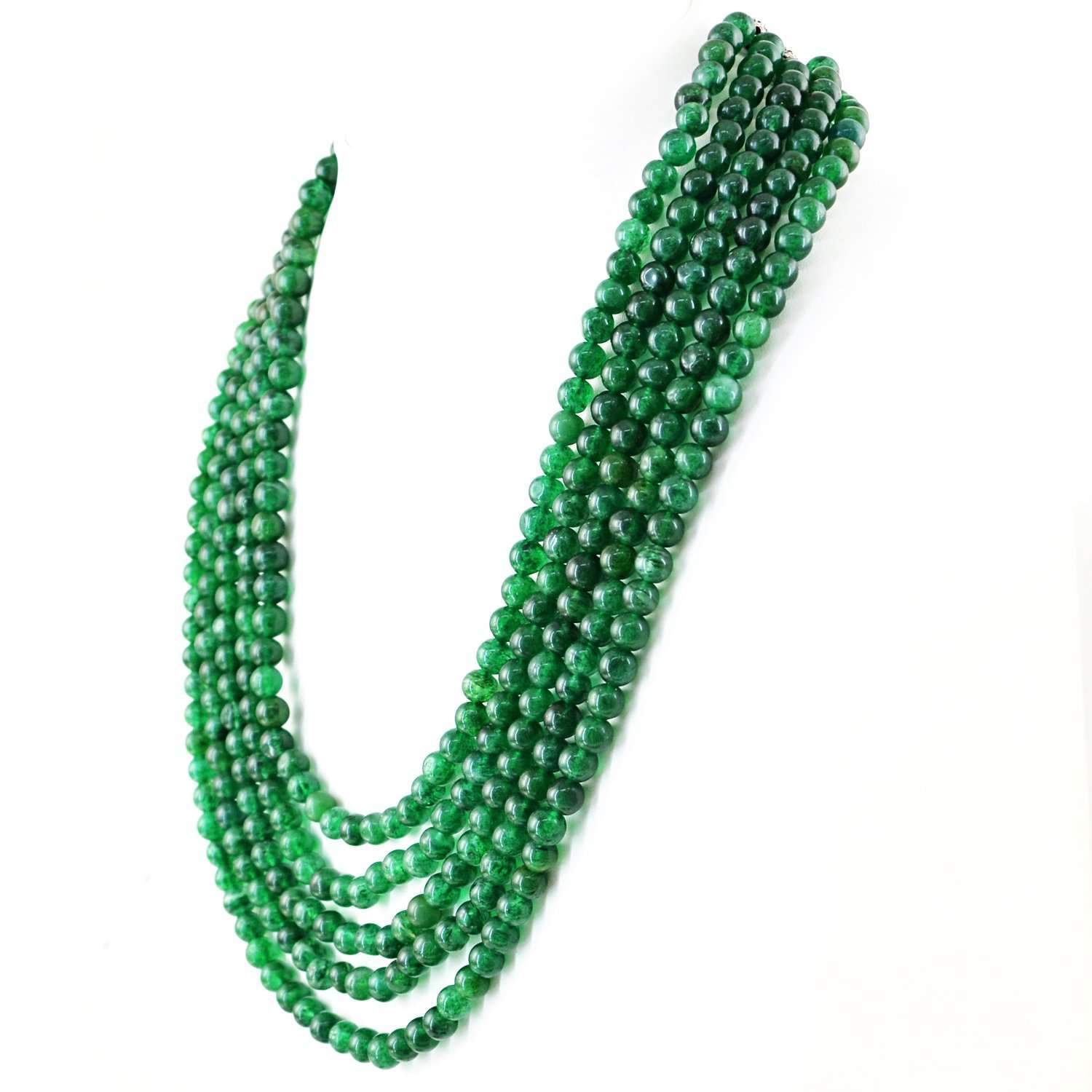 gemsmore:5 Line Green Jade Necklace Natural Round Beads