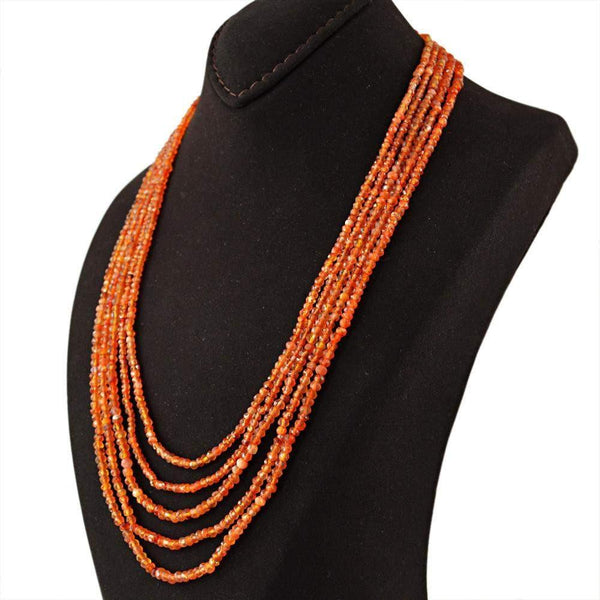 gemsmore:5 Line Orange Carnelian Necklace Natural Round Cut Beads