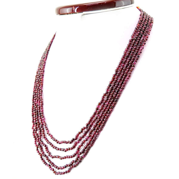 gemsmore:5 Line Red Garnet Necklace Natural Untreated Round Shape Beads