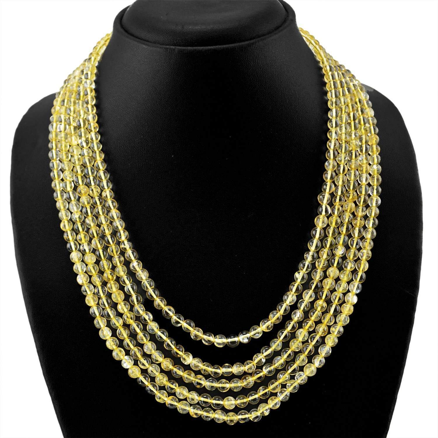gemsmore:5 Lines Yellow Citrine Necklace Natural Round Beads