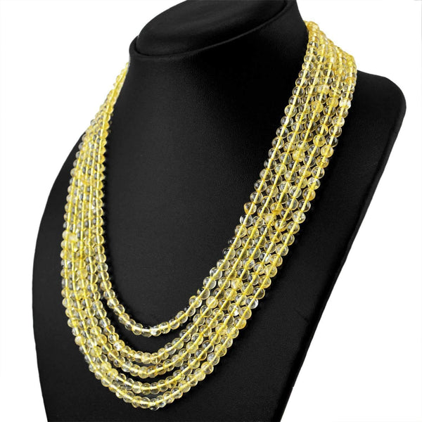gemsmore:5 Lines Yellow Citrine Necklace Natural Round Beads